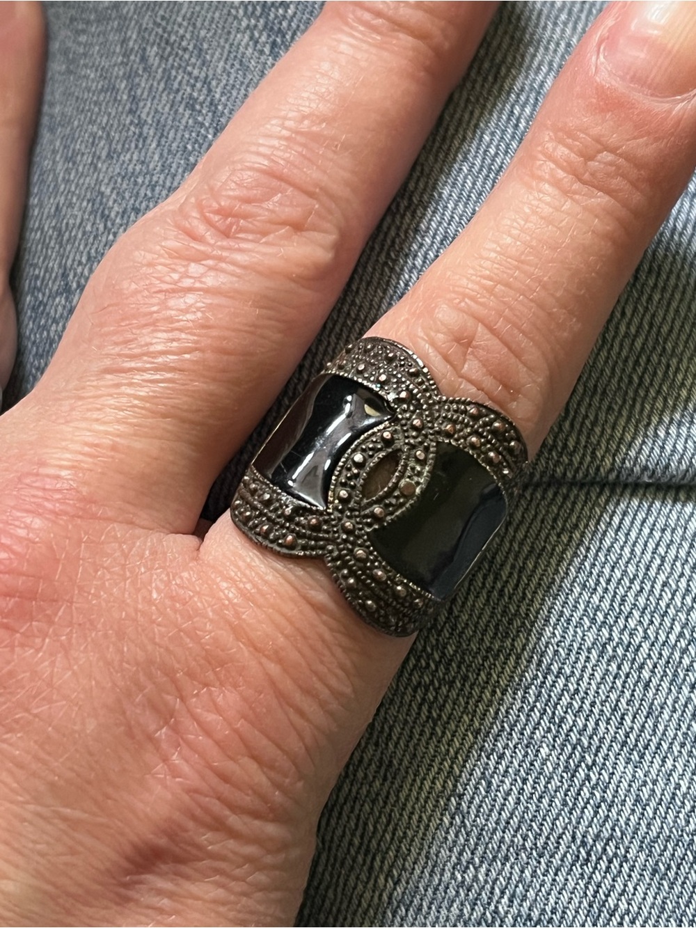 Art Deco Black Enamel Copper Tone Wide Band Ring Size 9